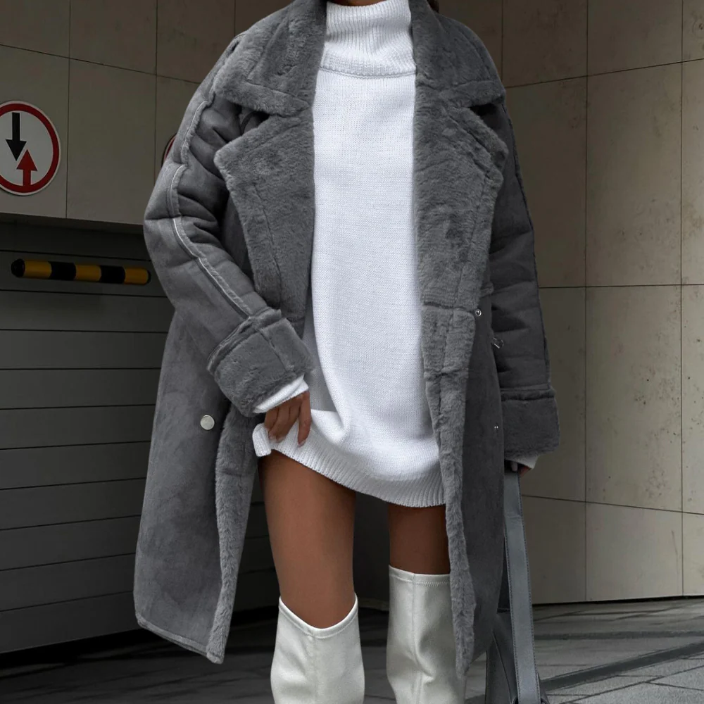 R&B | Langer Plüschmantel - Oversized-Schnitt - Breite Revers - Doppelreihiges Modell
