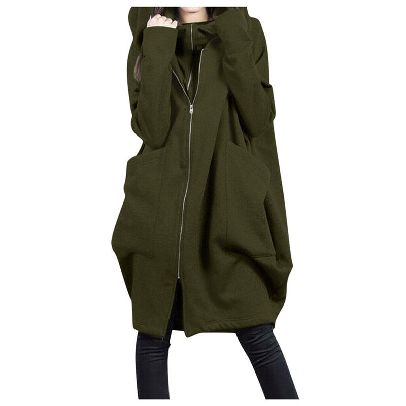 R&B | Mittellanger Mantel - Oversized Fit - Kapuze - Reißverschluss - Weicher Woll-Look