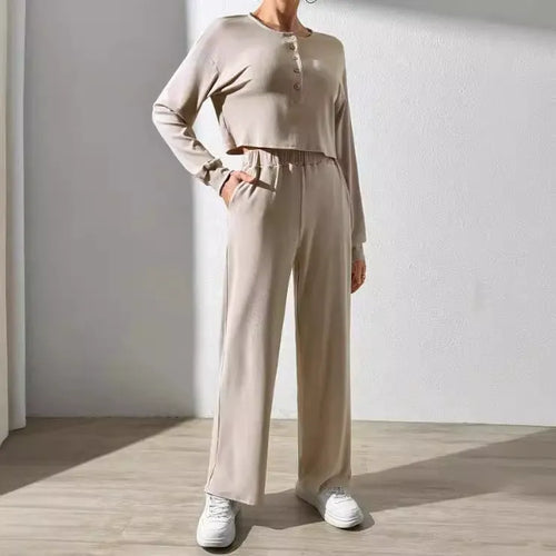 R&B | Loungewear Satz Weicher Strick Kurzer Pullover mit Knöpfen Weite Hose