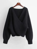 R&B | Übergröße Sweatshirt Strickrib Textur V-Ausschnitt Ballonärmel
