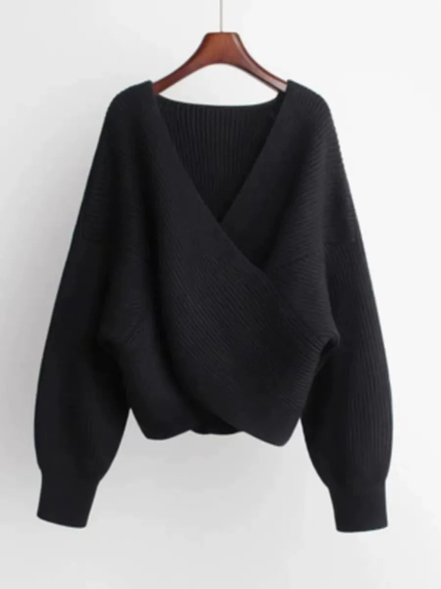 R&B | Übergröße Sweatshirt Strickrib Textur V-Ausschnitt Ballonärmel