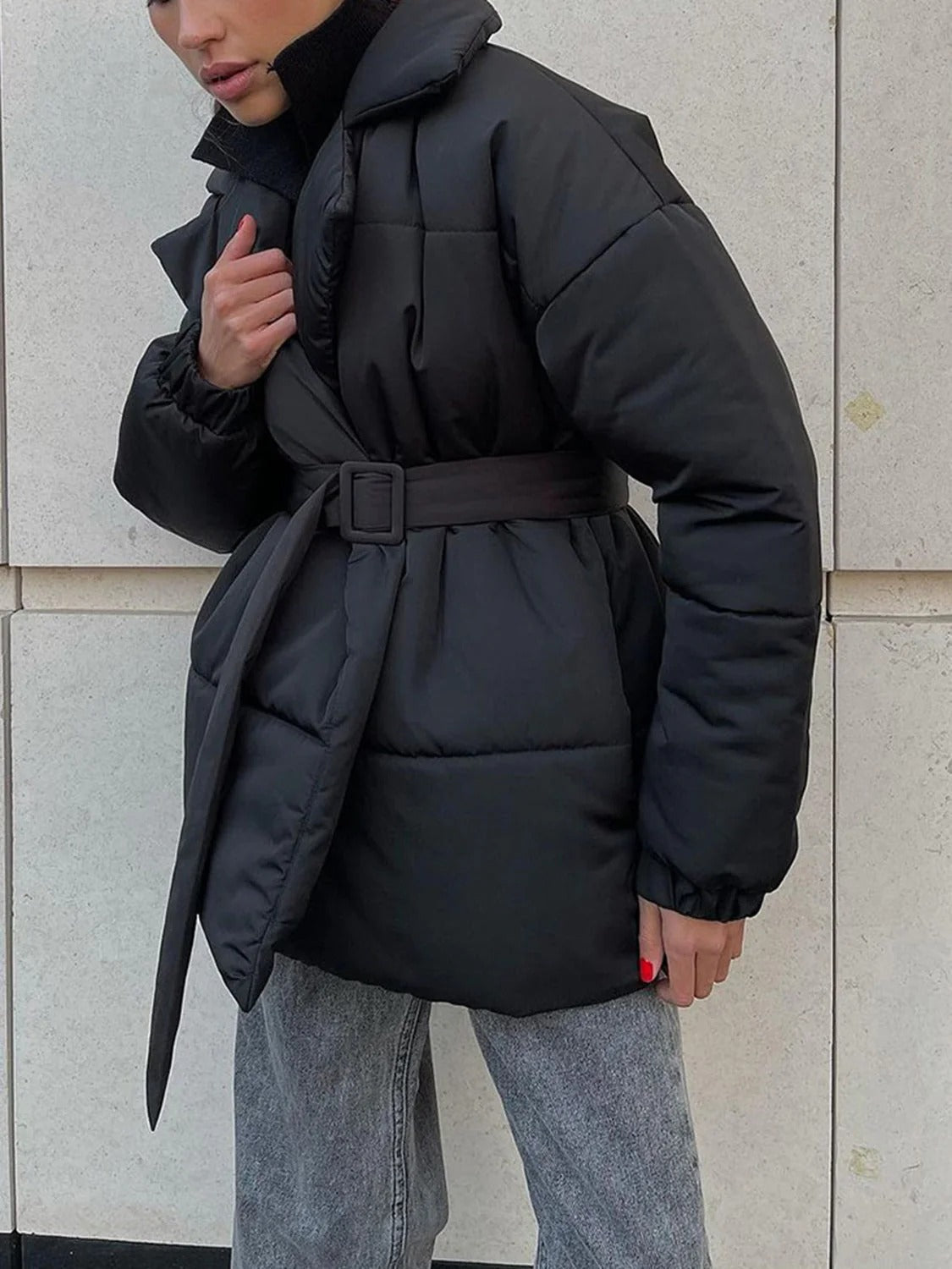 R&B | Gürteltaschen Pufferjacke Wickel Front Stepp Wintermantel