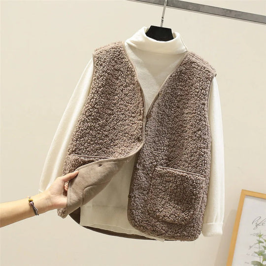 R&B | Gilet Sherpa Fleece Lockerer Schnitt Hüftlänge Knopfverschluss