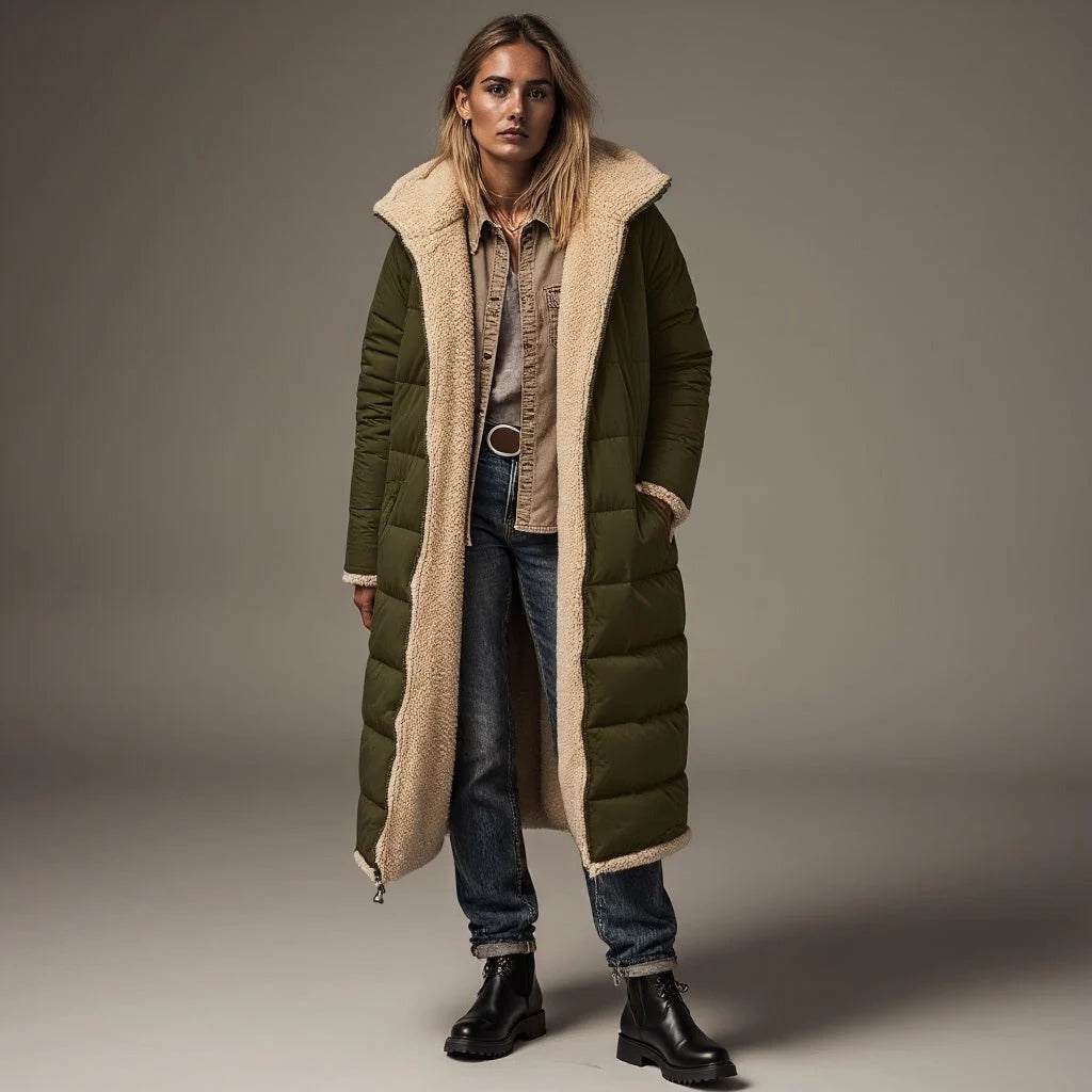 R&B | Langer gepolsterter Mantel - Lockerer Schnitt - Fleece-Kragen - Volle Abdeckung