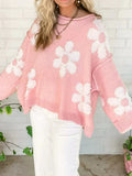 R&B | Pullover Sweatshirt Übergröße Fit Strickwebart Perlenblumenverzierung Rundhalsausschnitt
