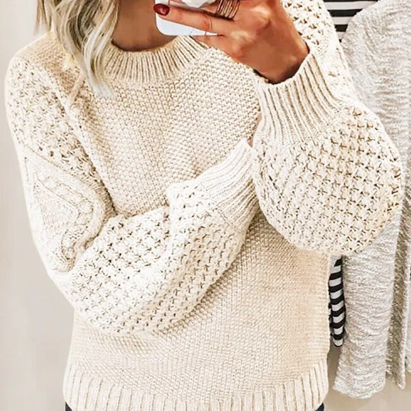 R&B | Sweater aus Wollmischung Übergröße Passform Kabelstrick Ballonärmel