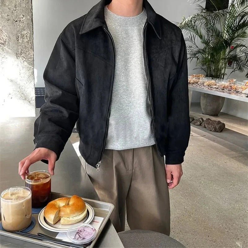 R&B | Lederjacke Taillierter Schnitt Reißverschluss Knopfmanschette Smart Lässig
