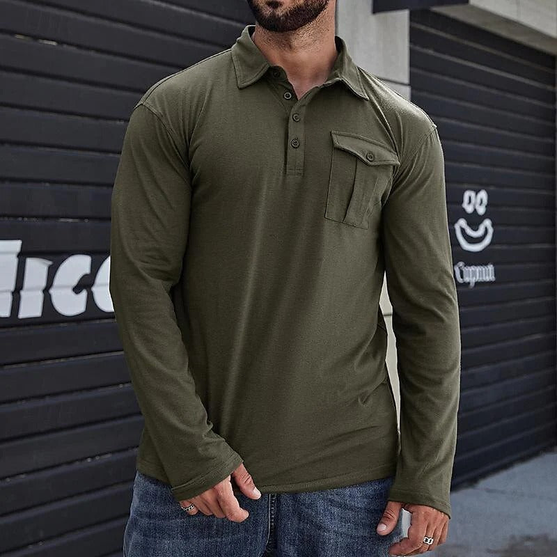 R&B | Henley Pique Shirt Slim Fit Lange Ärmel Baumwolle Brusttasche Stehkragen