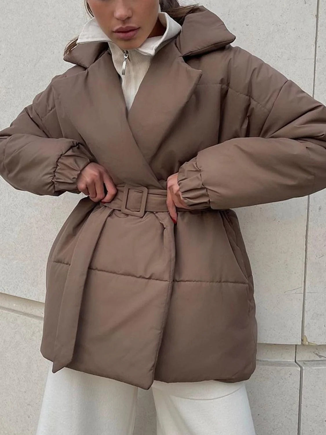 R&B | Gürteltaschen Pufferjacke Wickel Front Stepp Wintermantel
