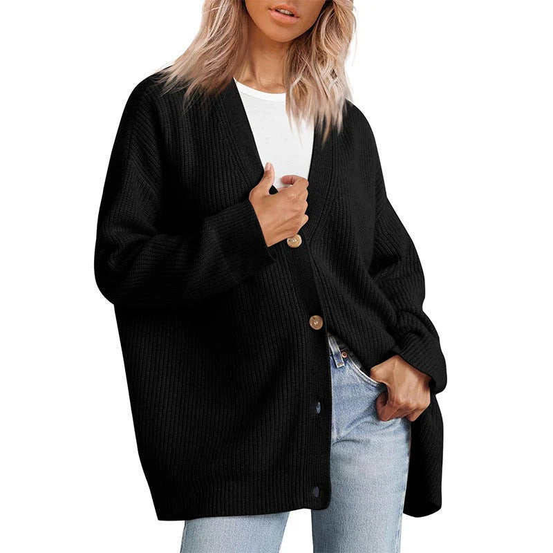 R&B | Strickjacke Übergröße Passform Gestrickte Rippstruktur Knopf V-Ausschnitt