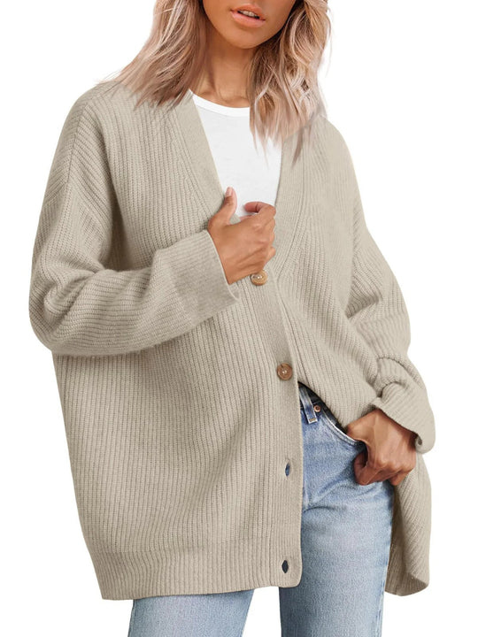 R&B | Strickjacke Übergröße Passform Gestrickte Rippstruktur Knopf V-Ausschnitt