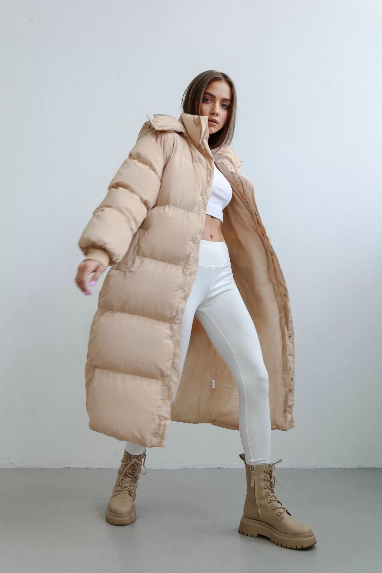 R&B | Pufferjacke GewR&Bt Übergröße Passform Knöchellang mit Kapuze Stehkragen