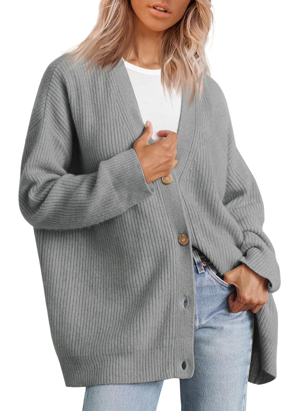 R&B | Strickjacke Übergröße Passform Gestrickte Rippstruktur Knopf V-Ausschnitt