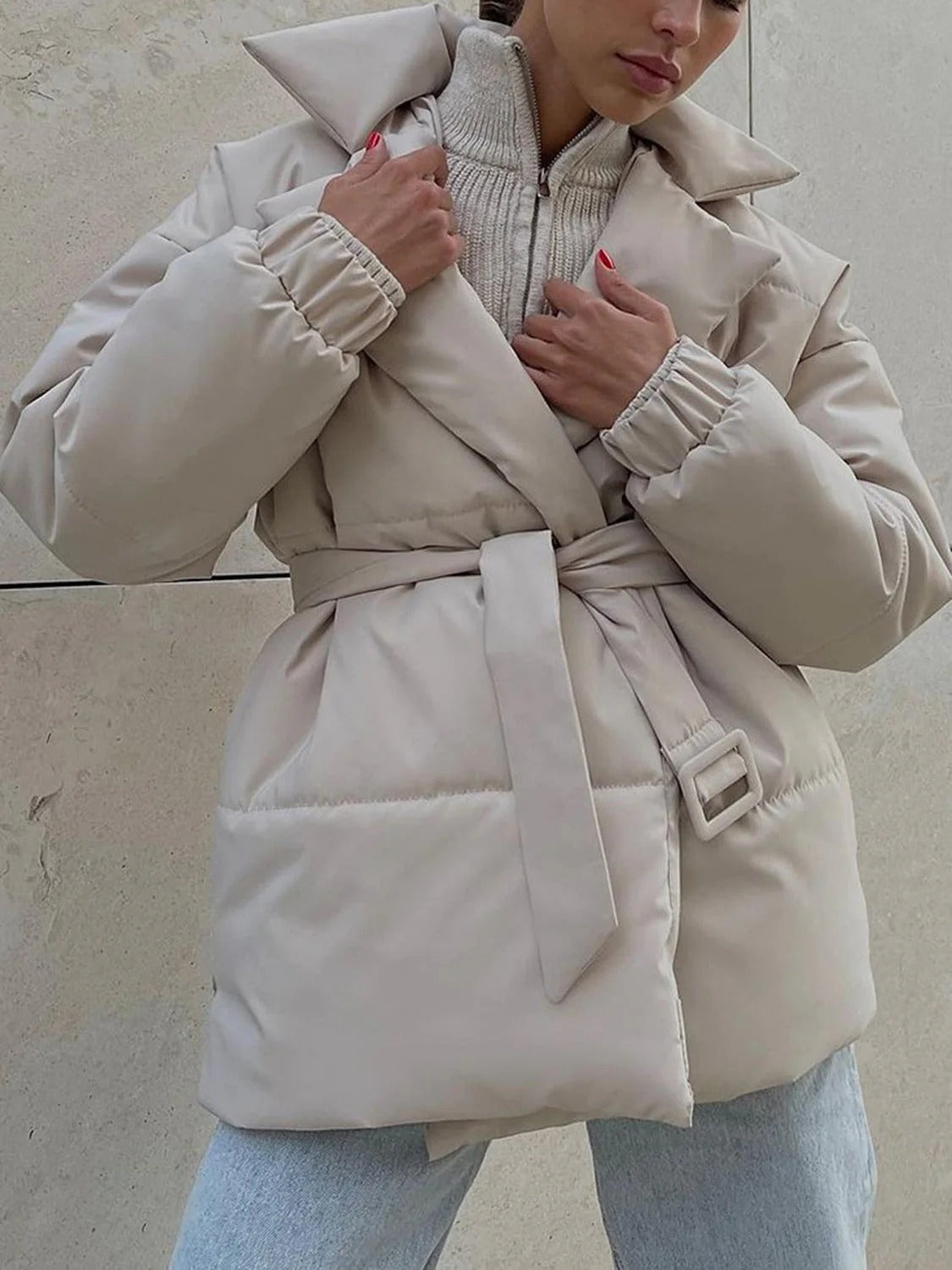R&B | Gürteltaschen Pufferjacke Wickel Front Stepp Wintermantel
