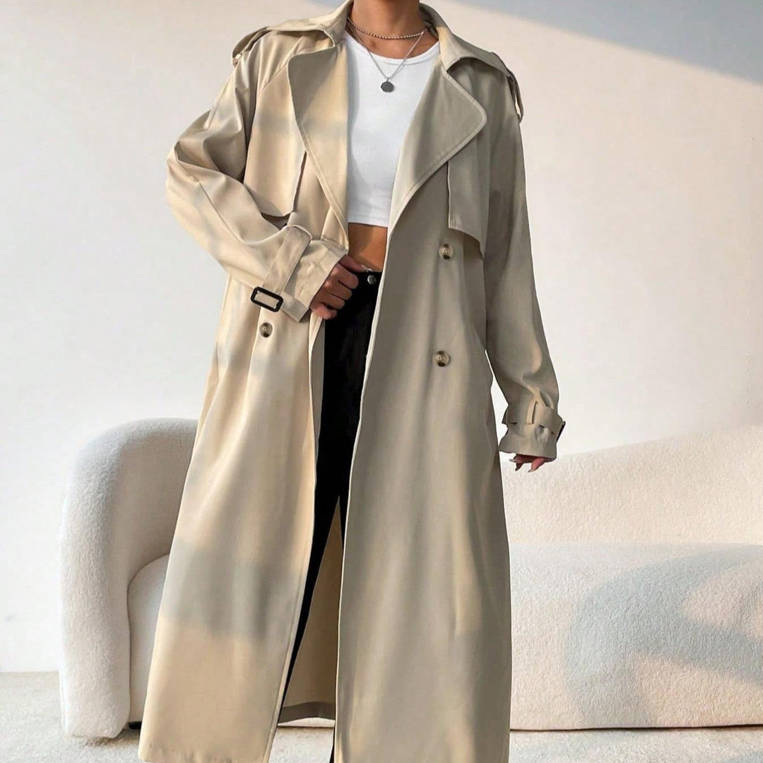 R&B | Langer Trenchcoat für Damen mit Revers, doppelter Brust und verstellbarem Gürtel