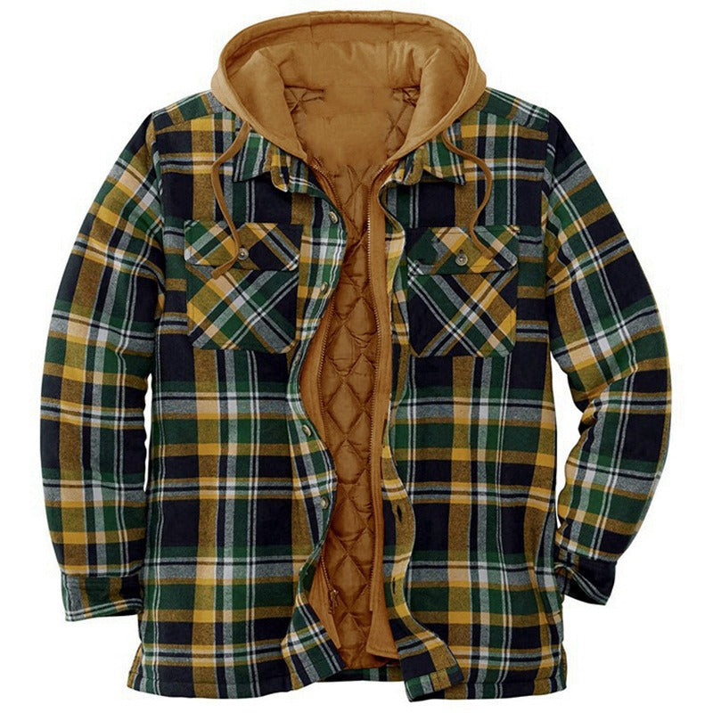 R&B | Hemdjacke Lässig Geschnitten Gestepptes Futter Kapuze Flanell Karomuster