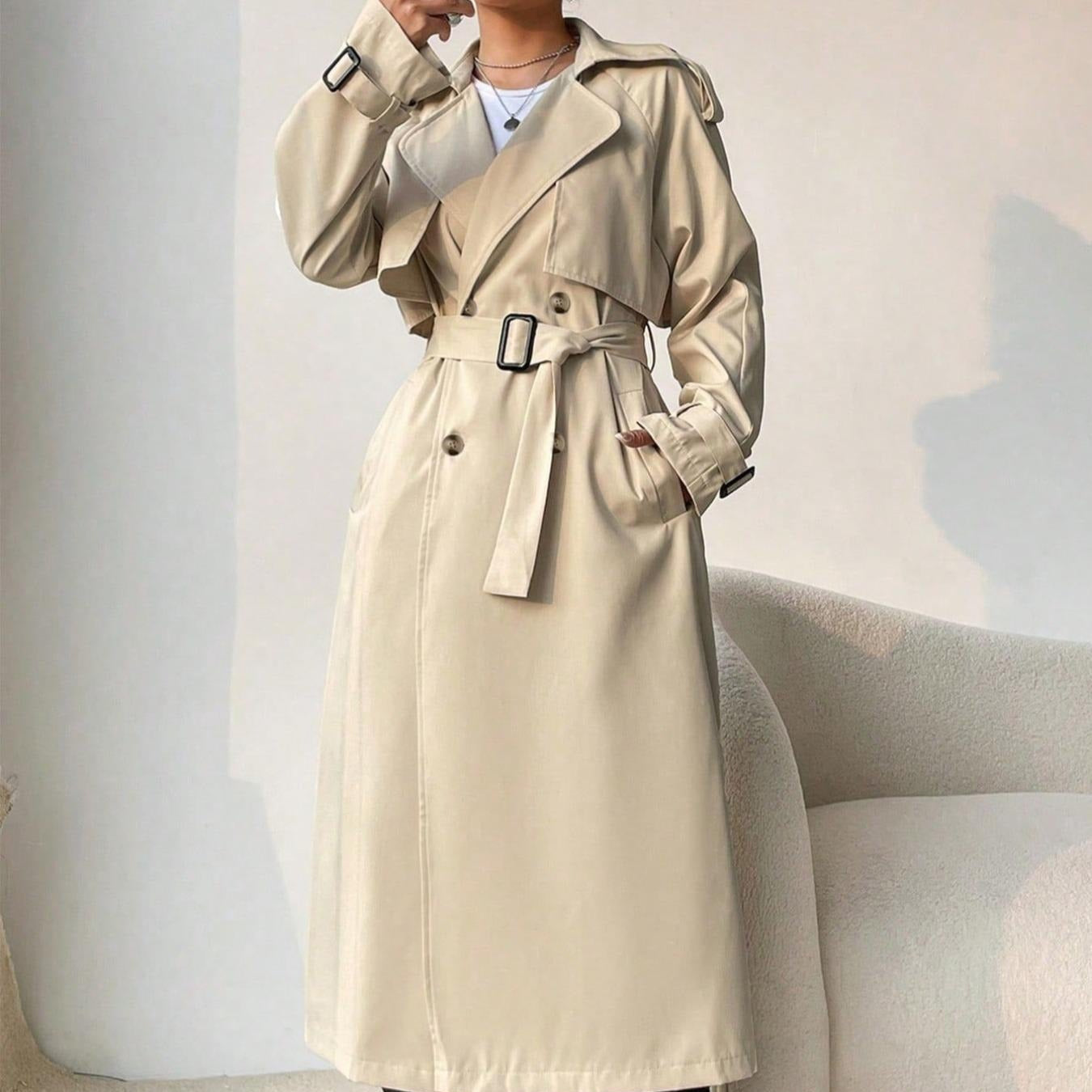 R&B | Langer Trenchcoat für Damen mit Revers, doppelter Brust und verstellbarem Gürtel