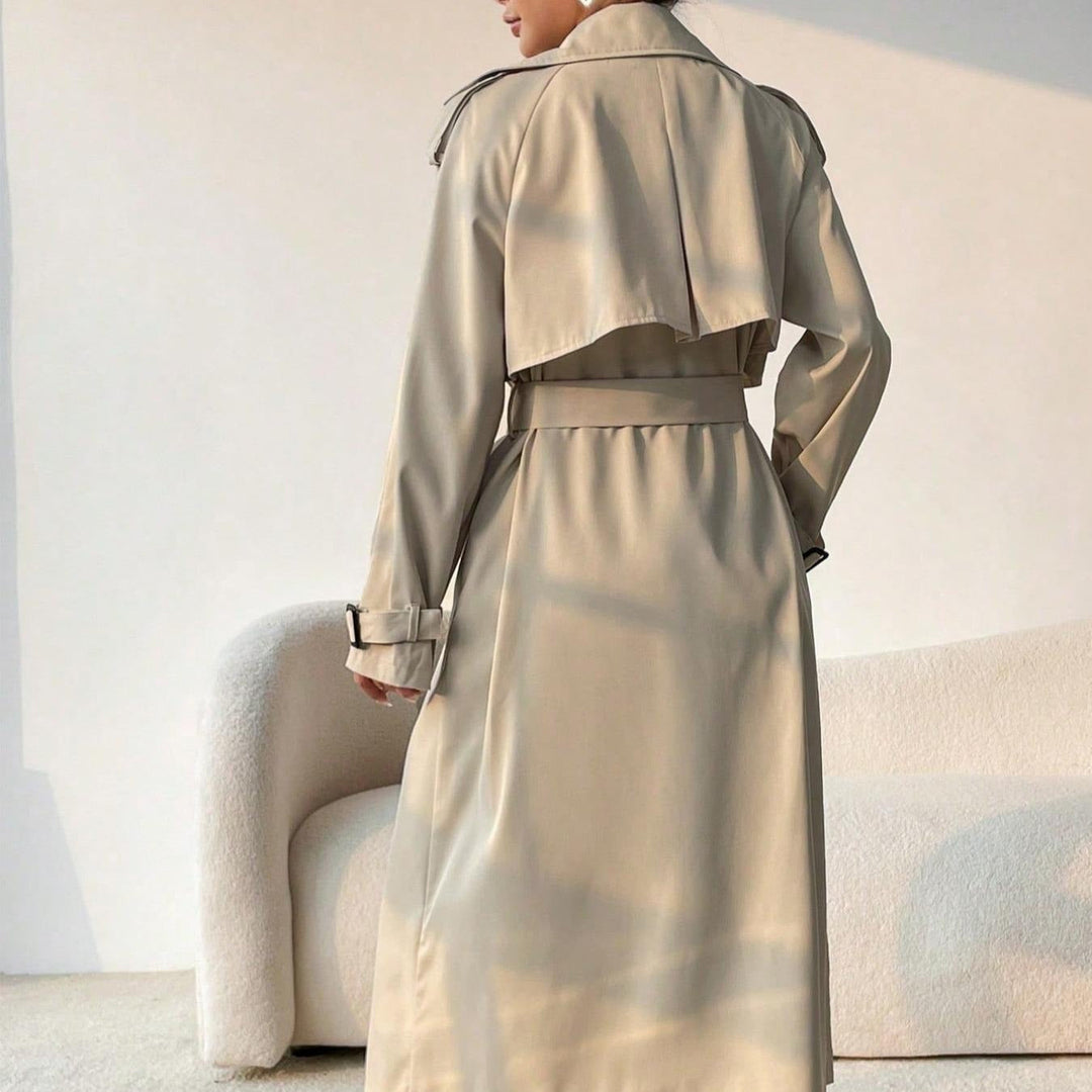 R&B | Langer Trenchcoat für Damen mit Revers, doppelter Brust und verstellbarem Gürtel