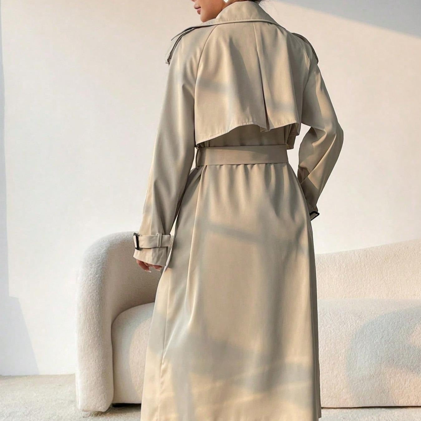 R&B | Langer Trenchcoat für Damen mit Revers, doppelter Brust und verstellbarem Gürtel