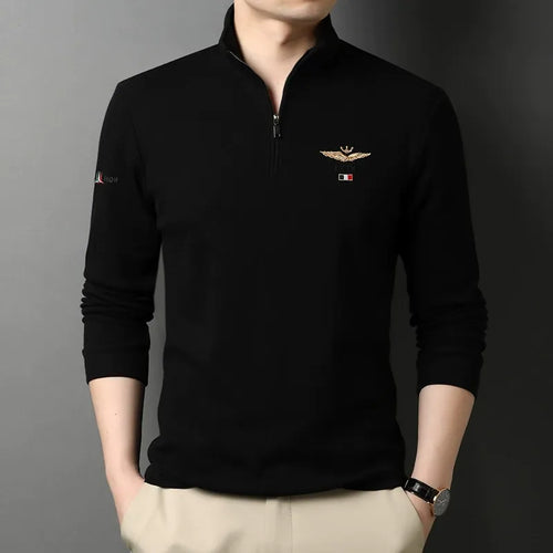 R&B | Langarm-T-Shirt Slim Fit Baumwolle Halber Reißverschluss Gesticktes Detail