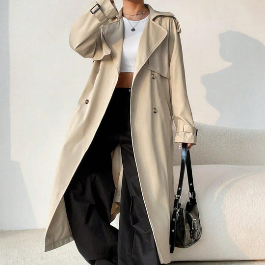 R&B | Langer Trenchcoat für Damen mit Revers, doppelter Brust und verstellbarem Gürtel