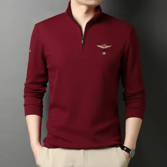R&B | Langarm-T-Shirt Slim Fit Baumwolle Halber Reißverschluss Gesticktes Detail