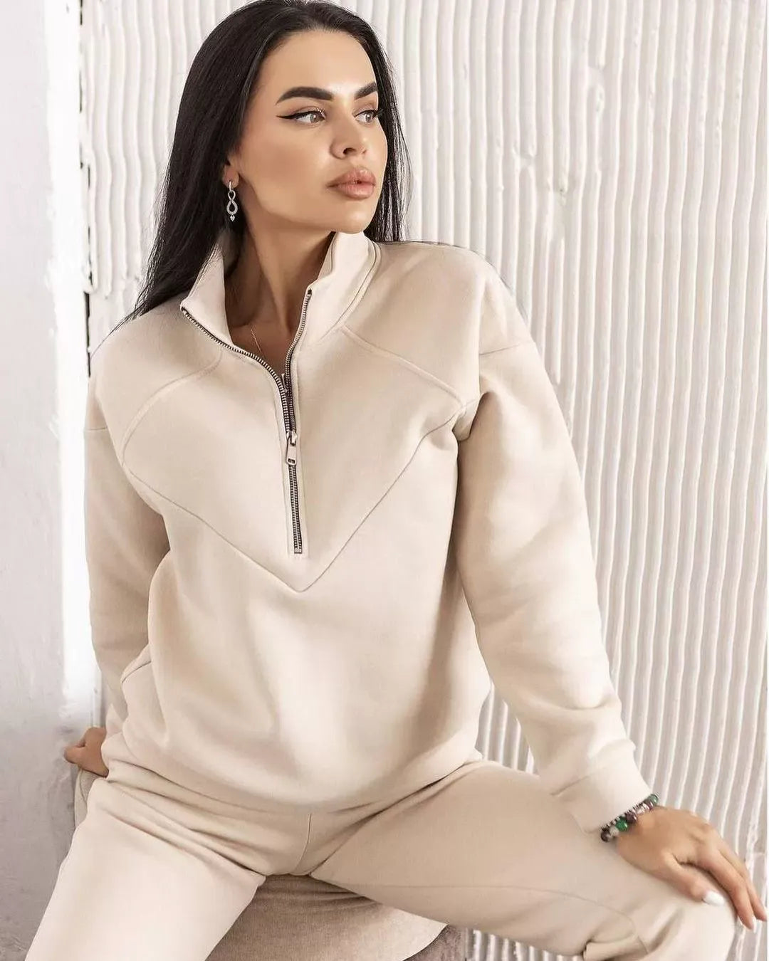 R&B | Loungewear Satz Fleece Lockere Passform Kapuzenpullover mit Halbem Reißverschluss Jogginghosen