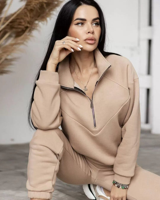 R&B | Loungewear Satz Fleece Lockere Passform Kapuzenpullover mit Halbem Reißverschluss Jogginghosen
