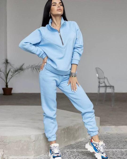 R&B | Loungewear Satz Fleece Lockere Passform Kapuzenpullover mit Halbem Reißverschluss Jogginghosen