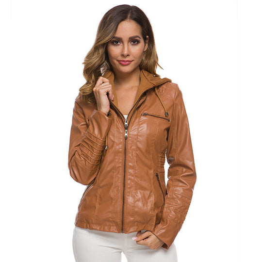 R&B | Lederjacke Slim Passform Kapuze Reißverschluss Taschen Steppdetails