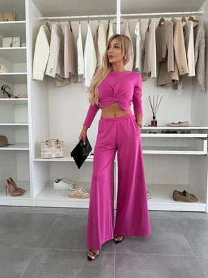 R&B | Zweiteiliger Satz Geknotetes Crop Top Hohe Taille Weite Hose Leicht und Bequem