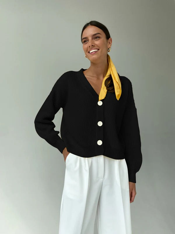 R&B | Strickjacke Lockere Passform Rippstrick V-Ausschnitt Knöpfe Hochgerollte Ärmel