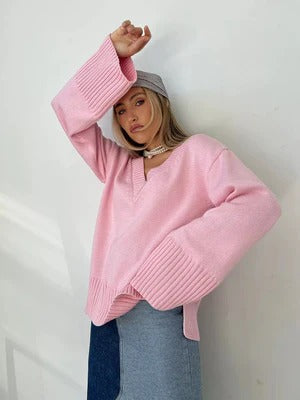 R&B | V-Ausschnitt Weiches Strickmaterial Lässige Passform Rippdetails Lange Ärmel