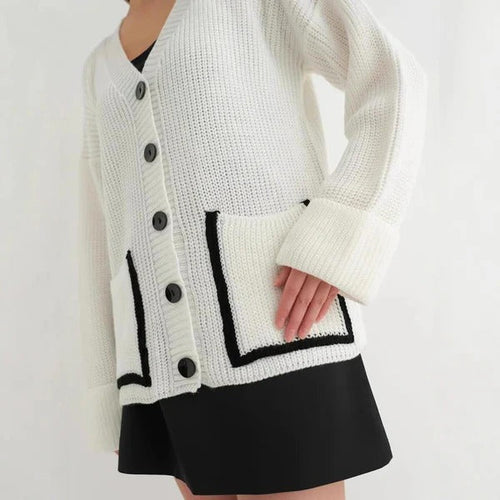 R&B | Strickjacke Gestrickt Lockere Passform Tiefes V-Ausschnitt Paspelierte Taschen