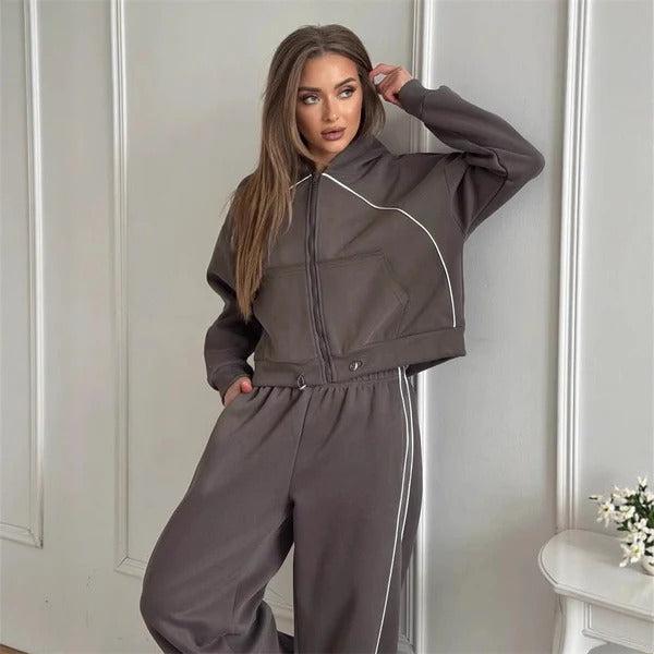 R&B | Set mit Kapuzenpullover und Hose Übergröße Reißverschluss Weite Beine Baumwollgefühl