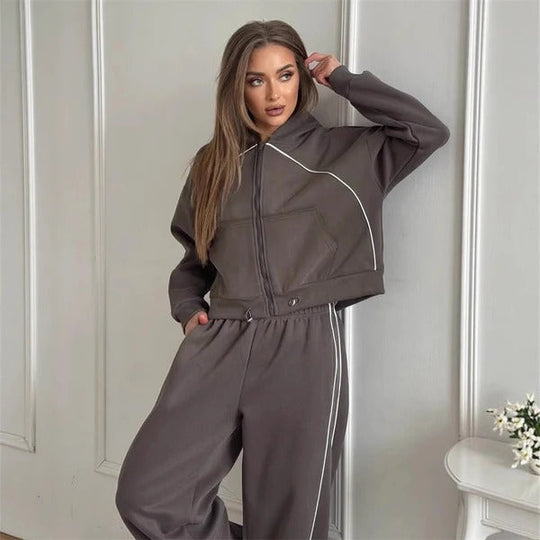 R&B | Set mit Kapuzenpullover und Hose Übergröße Reißverschluss Weite Beine Baumwollgefühl