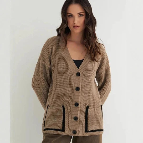 R&B | Strickjacke Gestrickt Lockere Passform Tiefes V-Ausschnitt Paspelierte Taschen