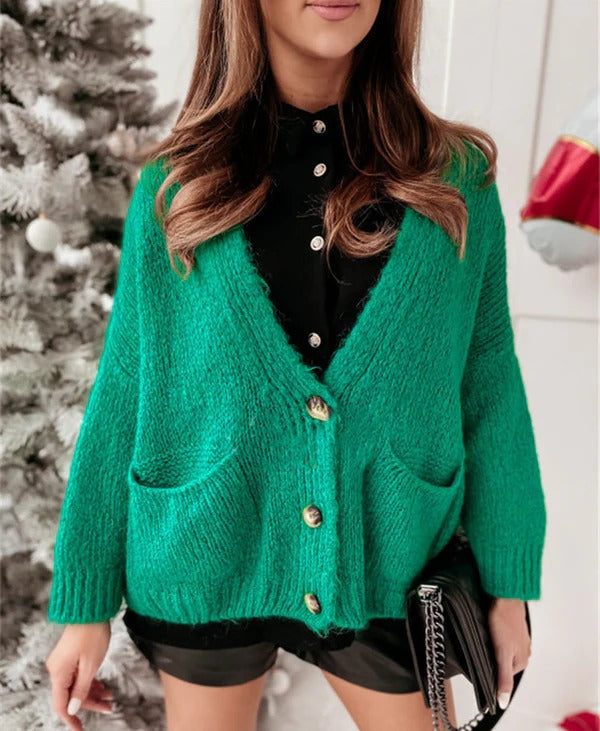 R&B | Strickjacke Übergröße Passform Gestrickt V-Ausschnitt Knöpfe Lässiger Stil