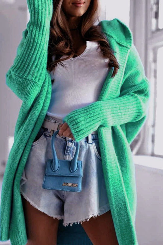 R&B | Strickjacke Gestrickt Übergröße Schnitt Kapuze Offene Vorderseite Gerippte Details