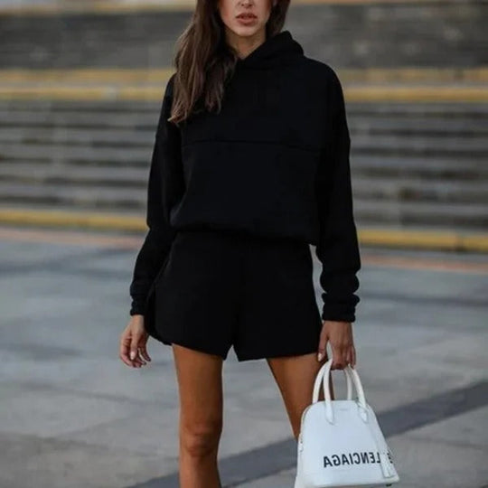R&B | Loungewear Set Übergröße Kapuzenpullover und Shorts Weicher Strick Bequemer Schnitt