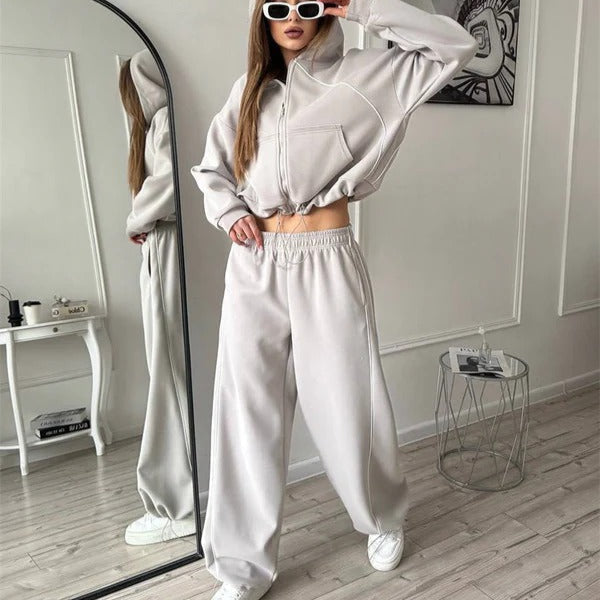 R&B | Set mit Kapuzenpullover und Hose Übergröße Reißverschluss Weite Beine Baumwollgefühl