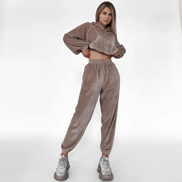 R&B | Loungewear Set Velours Cropped Kapuzenpullover Weite Hose Lockere Passform