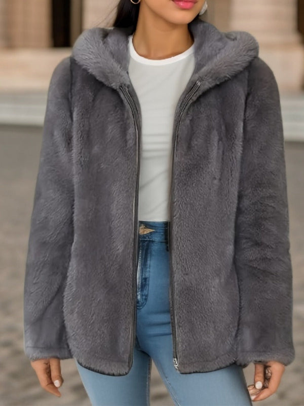 R&B | Weicher Damen Teddyjacke mit Kapuze und Reißverschluss