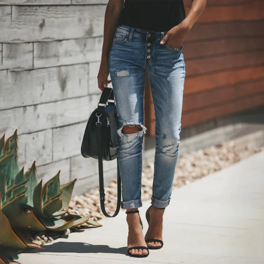 R&B | Slim Fit Zerrissene Jeans Aufgeschlagenes Ende Knöchellänge