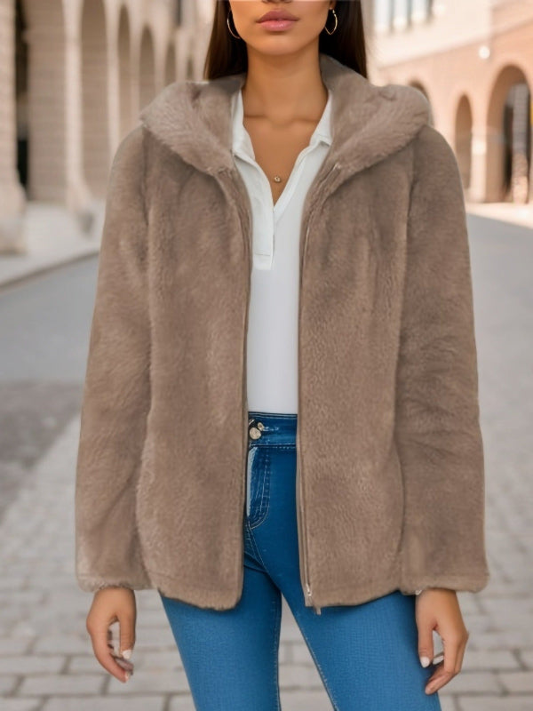 R&B | Weicher Damen Teddyjacke mit Kapuze und Reißverschluss