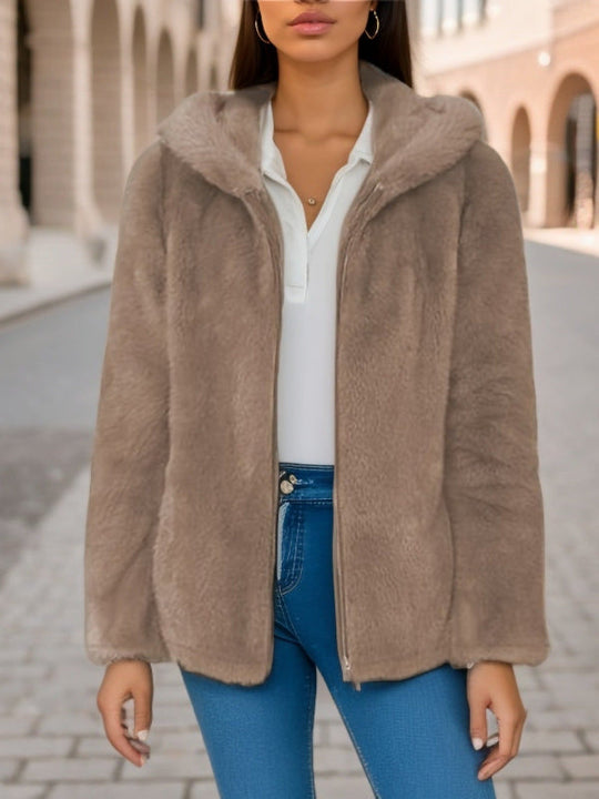 R&B | Weicher Damen Teddyjacke mit Kapuze und Reißverschluss