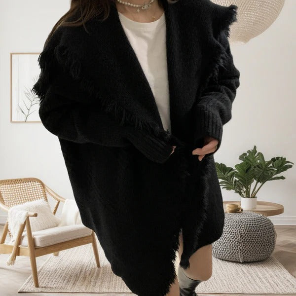 R&B | Strickjacke Gestricktes Material Übergröße Passform Fransen Kanten Offene Vorderseite