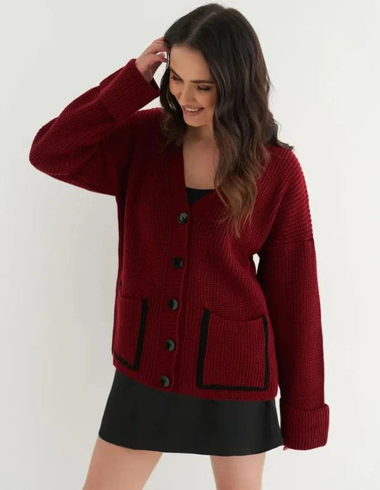 R&B | Strickjacke Gestrickt Lockere Passform Tiefes V-Ausschnitt Paspelierte Taschen