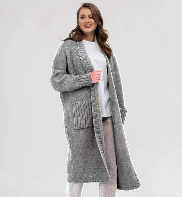 R&B | Strickjacke Gestrickte Woll Optik Übergröße Passform Lang mit Großen Taschen