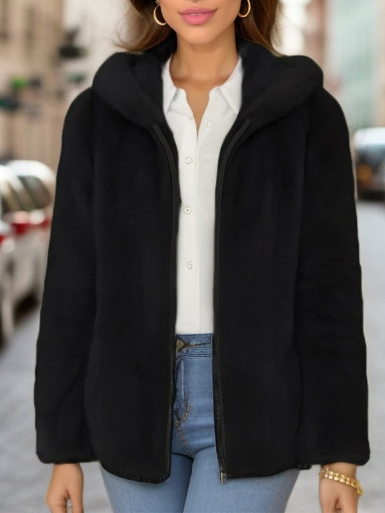 R&B | Weicher Damen Teddyjacke mit Kapuze und Reißverschluss